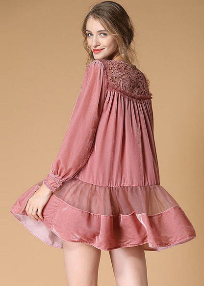 Organic Pink O Neck Patchwork Velour Dress Spring LY0010 - fabuloryshop