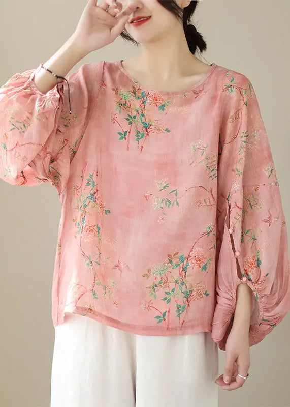 Organic Pink Oversized Print Cotton Top Lantern Sleeve Ada Fashion