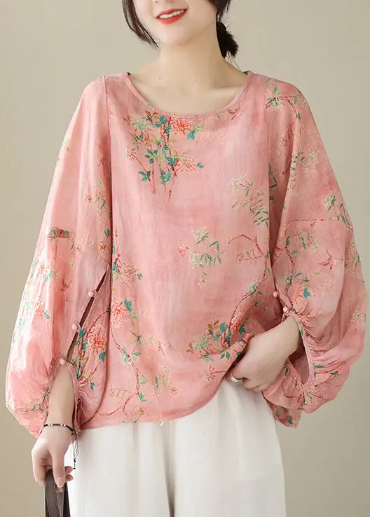 Organic Pink Oversized Print Cotton Top Lantern Sleeve Ada Fashion