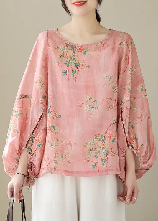 Organic Pink Oversized Print Cotton Top Lantern Sleeve Ada Fashion