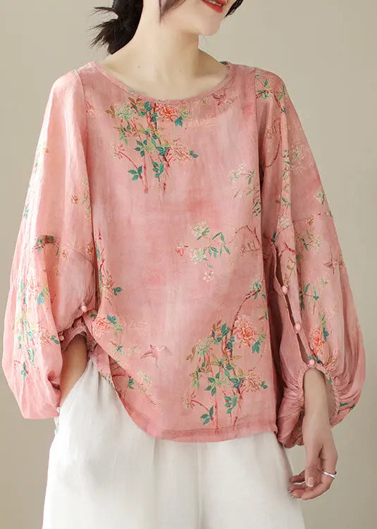 Organic Pink Oversized Print Cotton Top Lantern Sleeve Ada Fashion