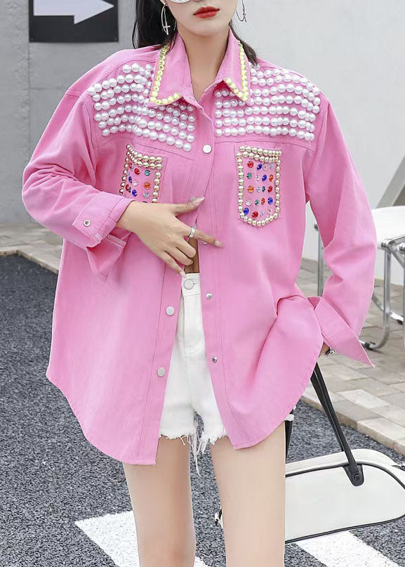 Organic Pink Peter Pan Collar Nail Bead Zircon Patchwork Denim Blouses Long Sleeve LY5239 - fabuloryshop