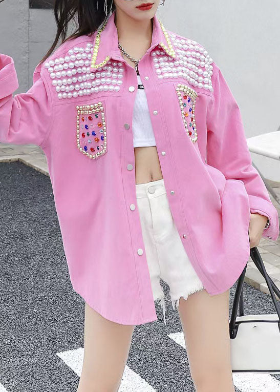 Organic Pink Peter Pan Collar Nail Bead Zircon Patchwork Denim Blouses Long Sleeve LY5239 - fabuloryshop