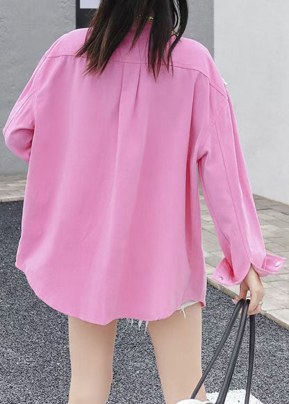 Organic Pink Peter Pan Collar Nail Bead Zircon Patchwork Denim Blouses Long Sleeve LY5239 - fabuloryshop