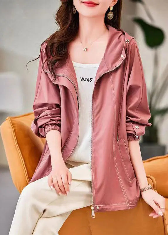 Organic Pink Zip Up Pockets Patchwork Cotton Hoodies Outwear Fall Ada Fashion