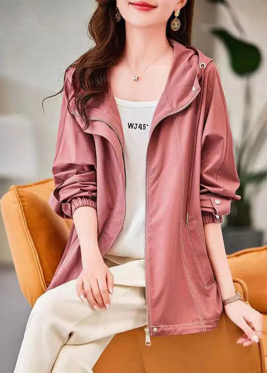 Organic Pink Zip Up Pockets Patchwork Cotton Hoodies Outwear Fall Ada Fashion