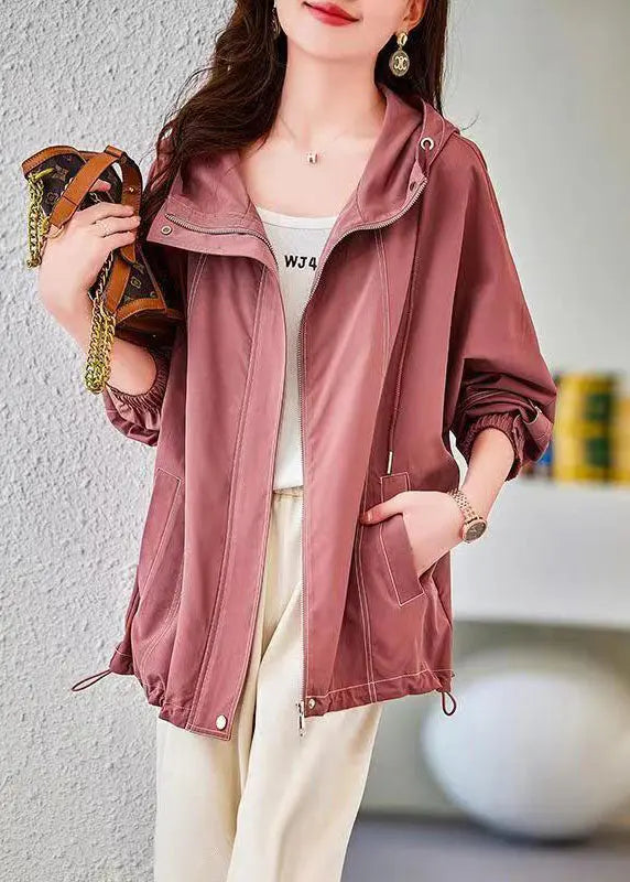 Organic Pink Zip Up Pockets Patchwork Cotton Hoodies Outwear Fall Ada Fashion