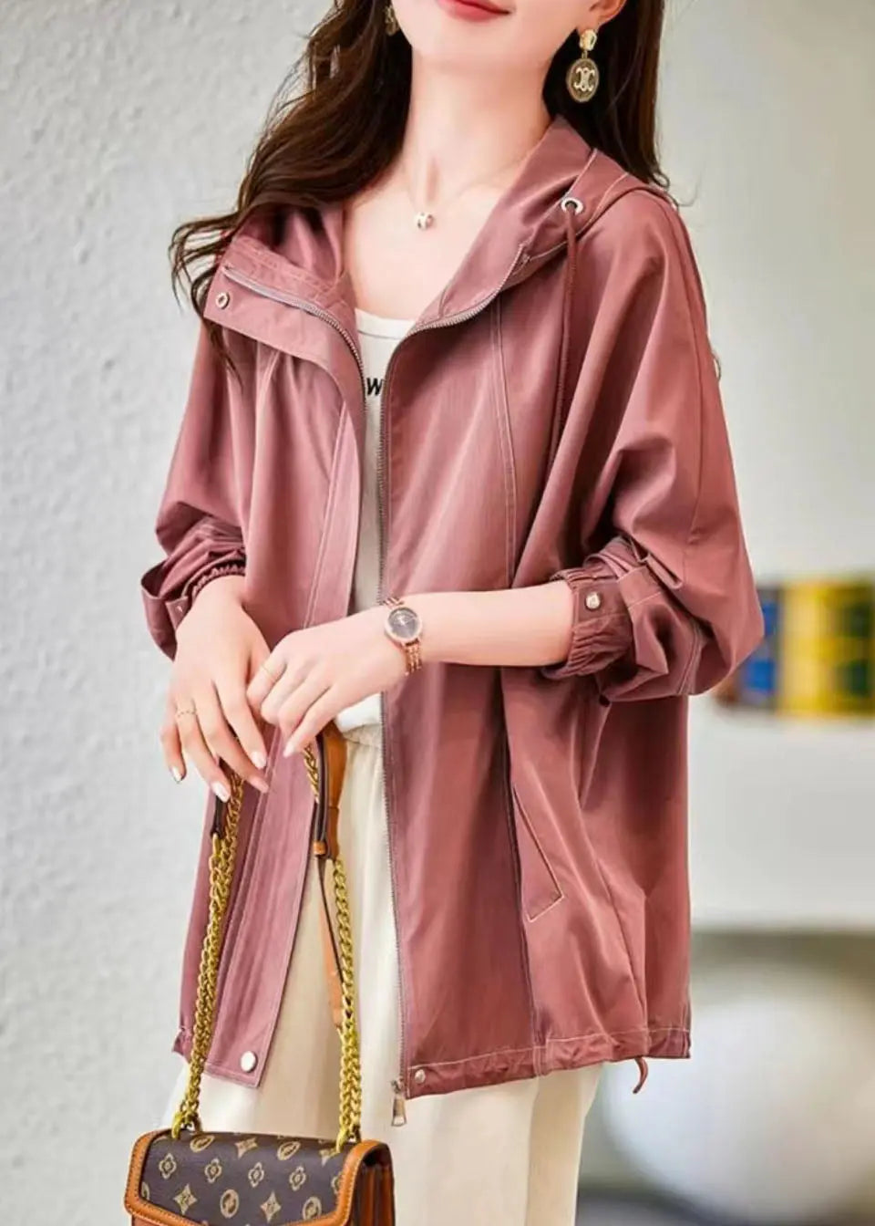 Organic Pink Zip Up Pockets Patchwork Cotton Hoodies Outwear Fall Ada Fashion