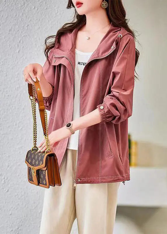 Organic Pink Zip Up Pockets Patchwork Cotton Hoodies Outwear Fall Ada Fashion