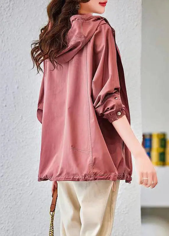 Organic Pink Zip Up Pockets Patchwork Cotton Hoodies Outwear Fall Ada Fashion
