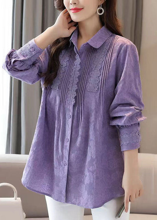 Organic Purple Embroideried Lace Patchwork Cotton Shirts Tops Spring Ada Fashion