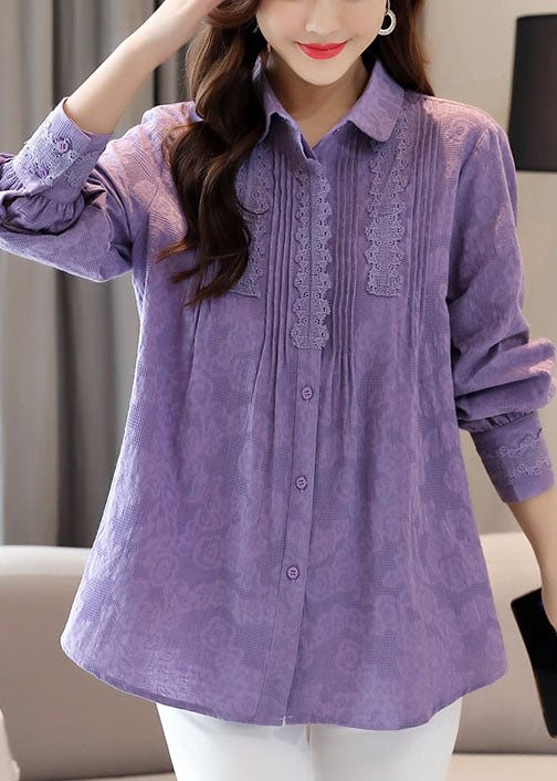 Organic Purple Embroideried Lace Patchwork Cotton Shirts Tops Spring Ada Fashion