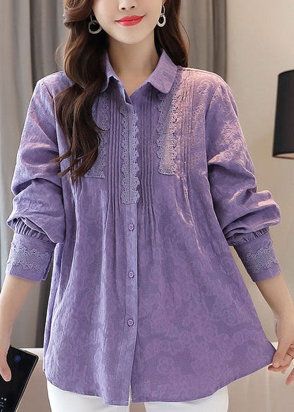 Organic Purple Embroideried Lace Patchwork Cotton Shirts Tops Spring Ada Fashion