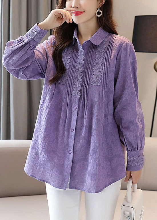 Organic Purple Embroideried Lace Patchwork Cotton Shirts Tops Spring TQ1022 - fabuloryshop