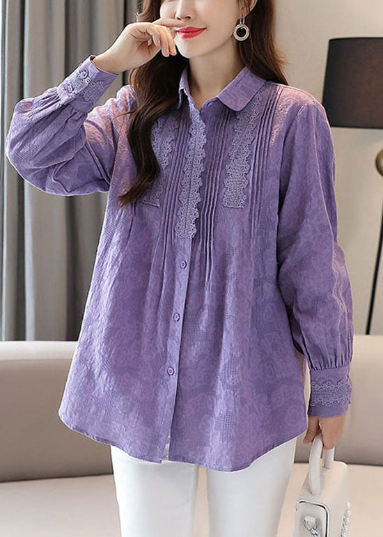 Organic Purple Embroideried Lace Patchwork Cotton Shirts Tops Spring Ada Fashion