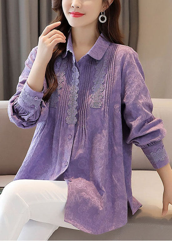 Organic Purple Embroideried Lace Patchwork Cotton Shirts Tops Spring TQ1022 - fabuloryshop
