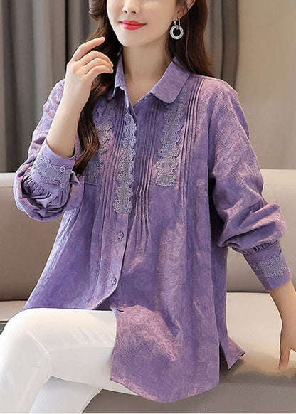 Organic Purple Embroideried Lace Patchwork Cotton Shirts Tops Spring Ada Fashion