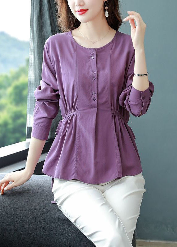 Organic Purple O Neck Wrinkled Lace Up Patchwork Cotton Top Long Sleeve LY4682 - fabuloryshop