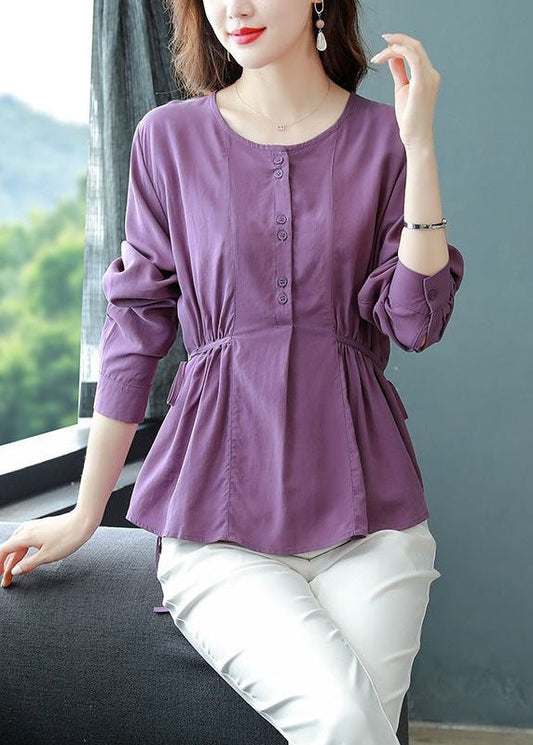 Organic Purple O Neck Wrinkled Lace Up Patchwork Cotton Top Long Sleeve LY4682 - fabuloryshop