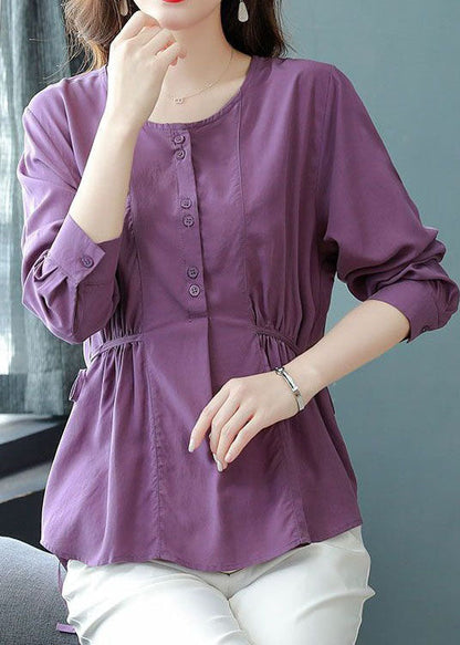 Organic Purple O Neck Wrinkled Lace Up Patchwork Cotton Top Long Sleeve LY4682 - fabuloryshop