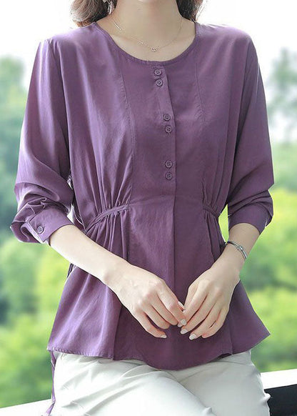 Organic Purple O Neck Wrinkled Lace Up Patchwork Cotton Top Long Sleeve LY4682 - fabuloryshop