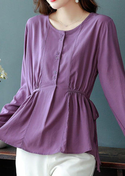 Organic Purple O Neck Wrinkled Lace Up Patchwork Cotton Top Long Sleeve LY4682 - fabuloryshop