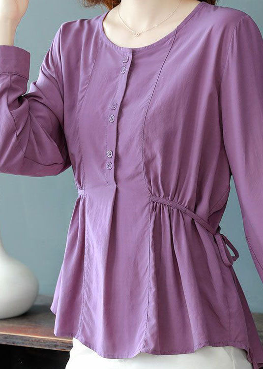 Organic Purple O Neck Wrinkled Lace Up Patchwork Cotton Top Long Sleeve LY4682 - fabuloryshop