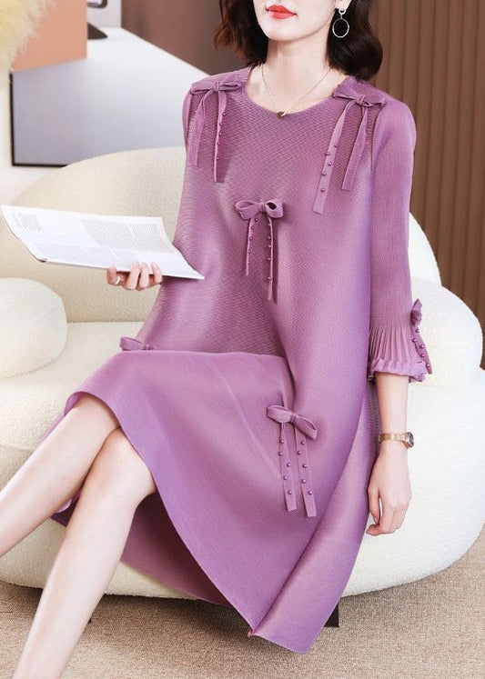 Organic Purple Oversized Bow Nail Bead Pleated Dresses Summer LY2784 - fabuloryshop