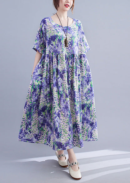 Organic Purple Print Patchwork Cotton Long Dresses Summer LY6078 - fabuloryshop