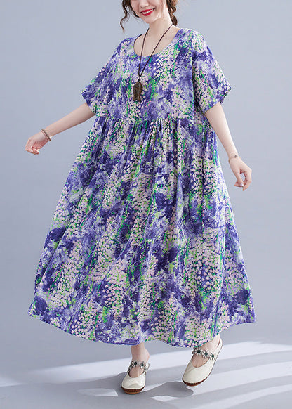 Organic Purple Print Patchwork Cotton Long Dresses Summer LY6078 - fabuloryshop