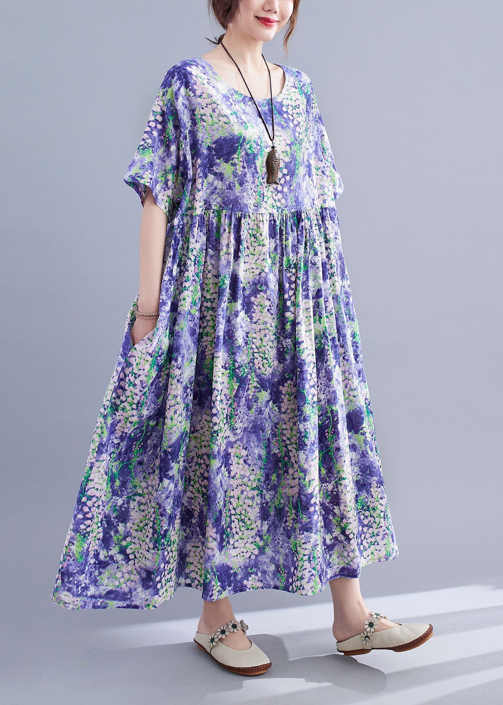 Organic Purple Print Patchwork Cotton Long Dresses Summer LY6078 - fabuloryshop