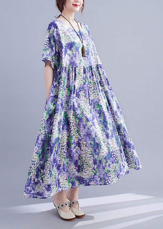 Organic Purple Print Patchwork Cotton Long Dresses Summer LY6078 - fabuloryshop