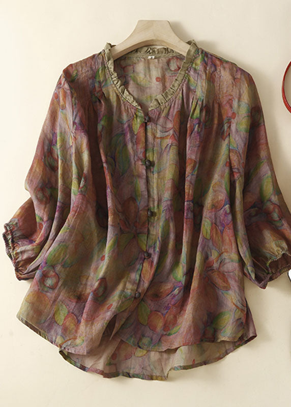 Organic Purple Print Ruffled Patchwork Linen Tops Summer Ada Fashion