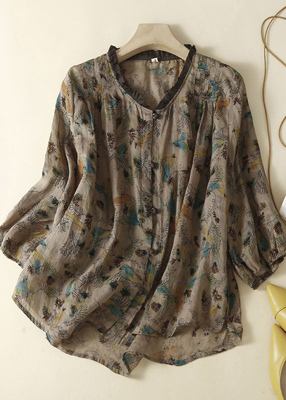 Organic Purple Print Ruffled Patchwork Linen Tops Summer Ada Fashion