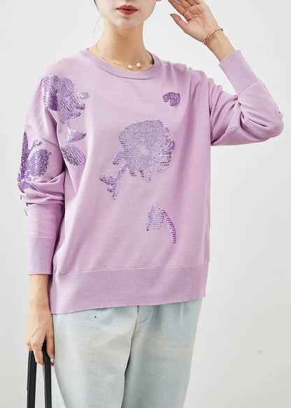 Organic Purple Sequins O-Neck Knit Sweater Winter Ada Fashion