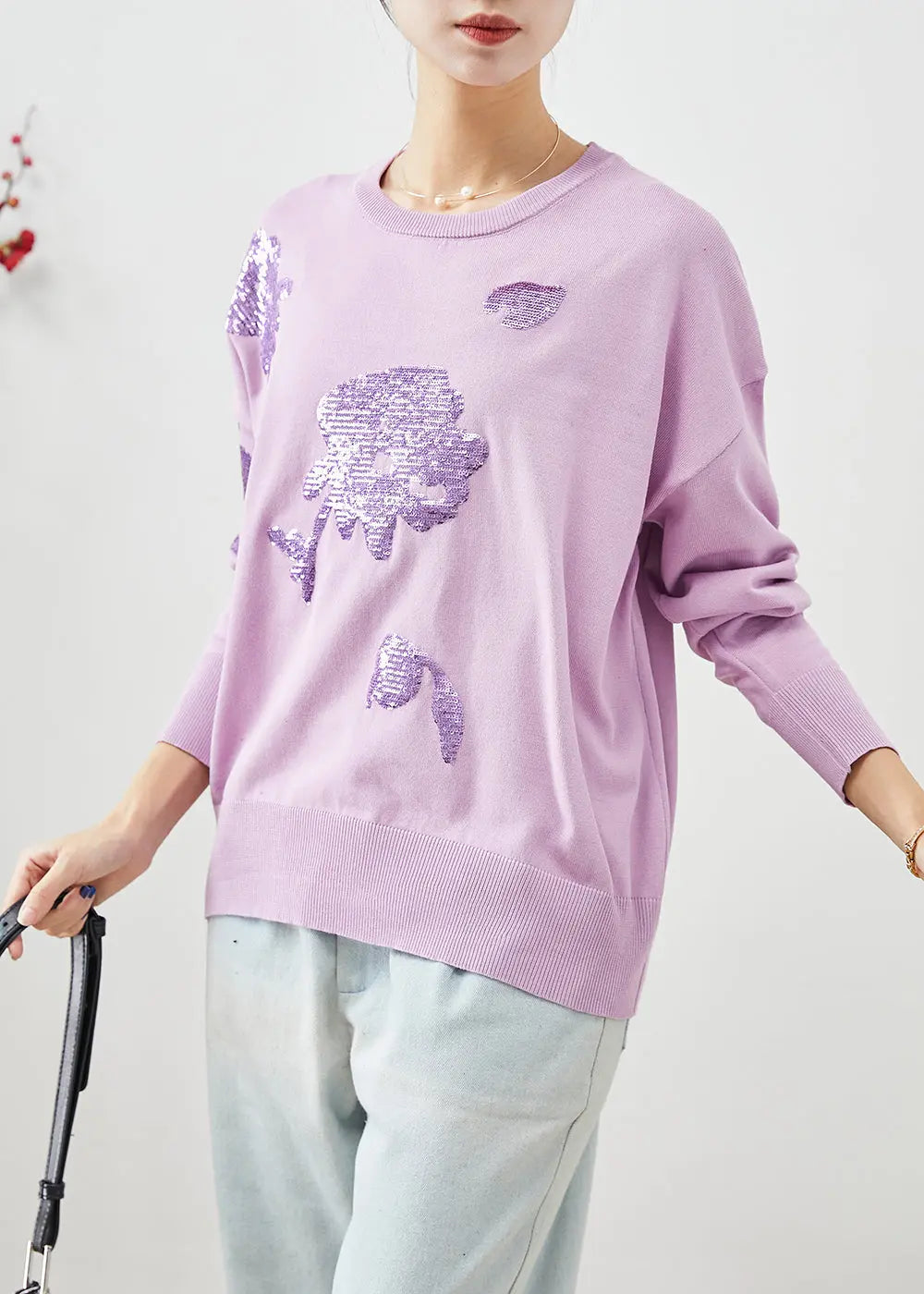 Organic Purple Sequins O-Neck Knit Sweater Winter Ada Fashion