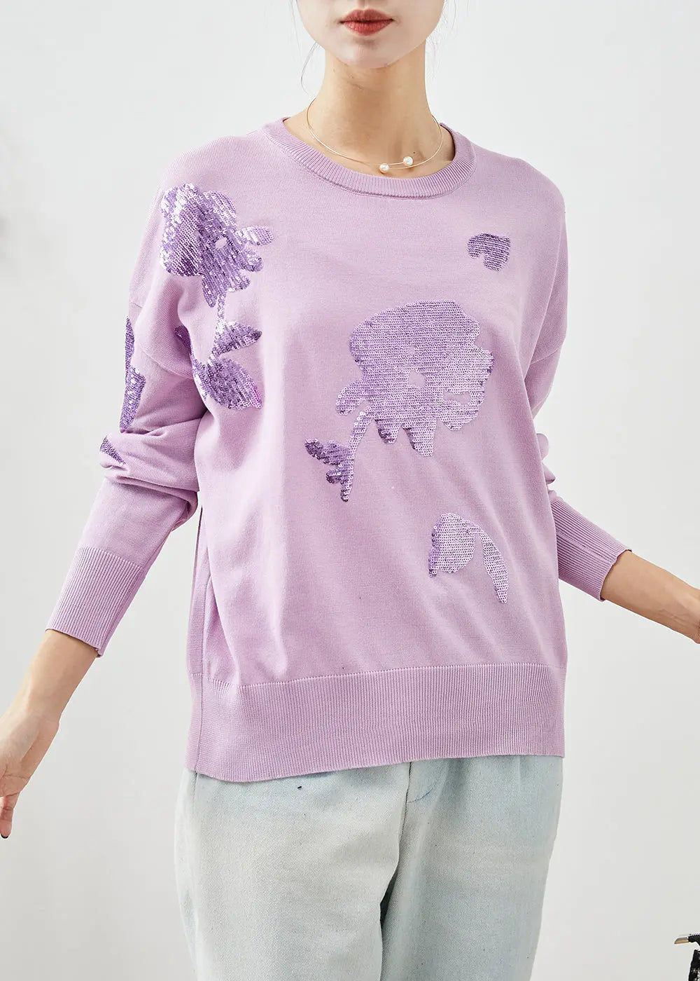 Organic Purple Sequins O-Neck Knit Sweater Winter Ada Fashion