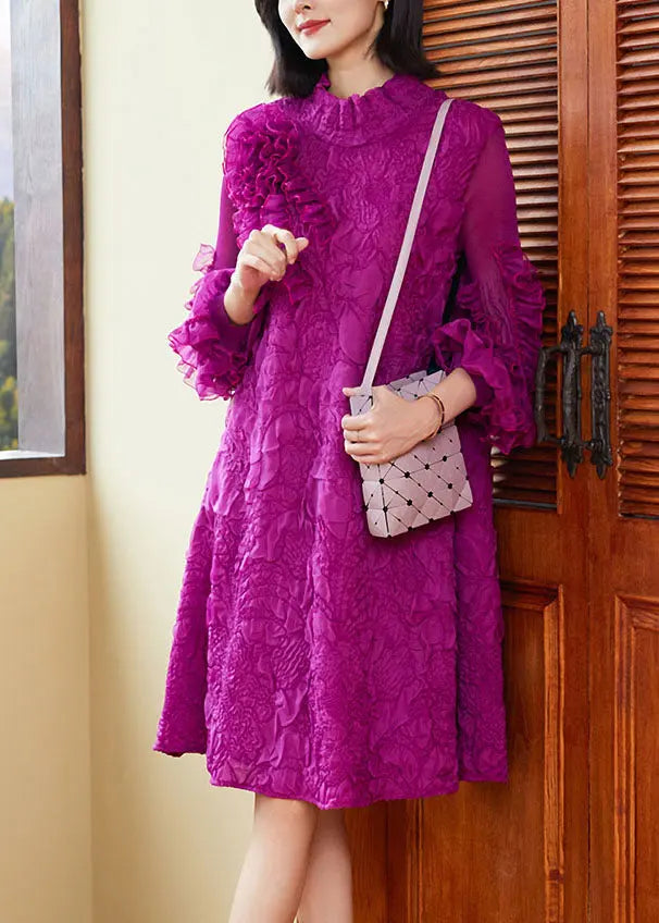 Organic Purple Stand Collar Ruffled Patchwork Wrinkled Maxi Dress Puff Sleeve Ada Fashion