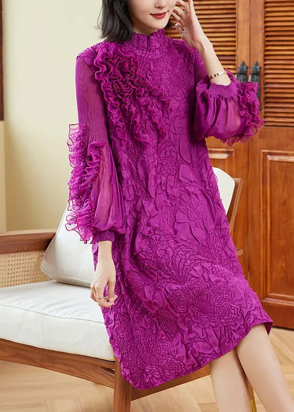 Organic Purple Stand Collar Ruffled Patchwork Wrinkled Maxi Dress Puff Sleeve Ada Fashion