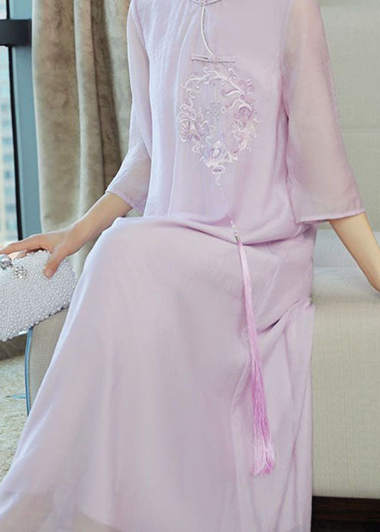 Organic Purple Tasseled Embroideried Patchwork Silk Dress Summer LY1677 - fabuloryshop