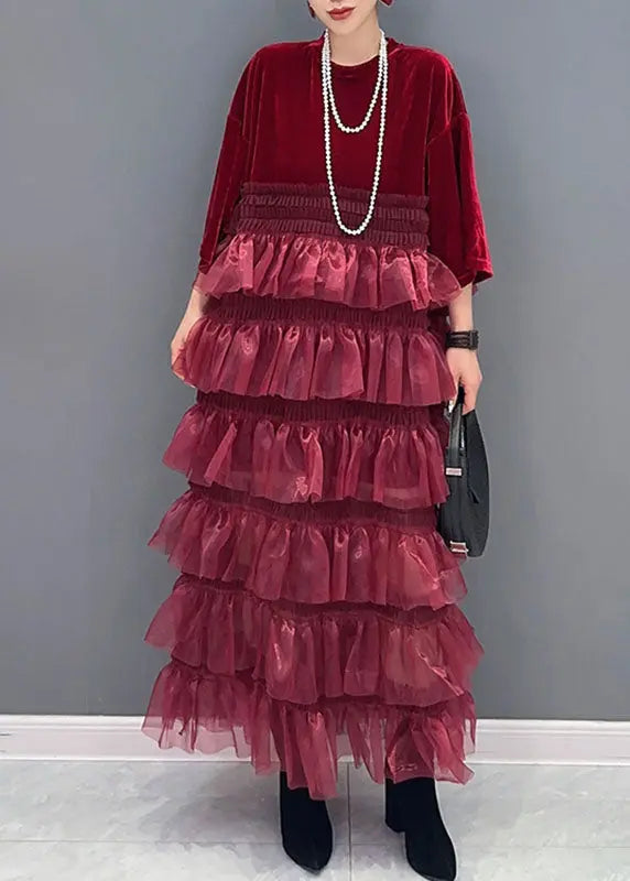 Organic Red O-Neck Tulle Patchwork Silk Velour Maxi Dress Bracelet Sleeve Ada Fashion