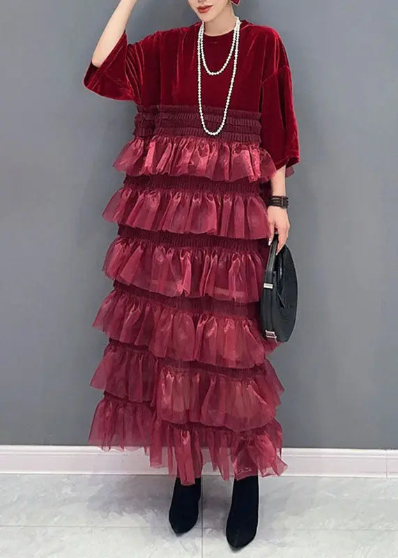 Organic Red O-Neck Tulle Patchwork Silk Velour Maxi Dress Bracelet Sleeve Ada Fashion