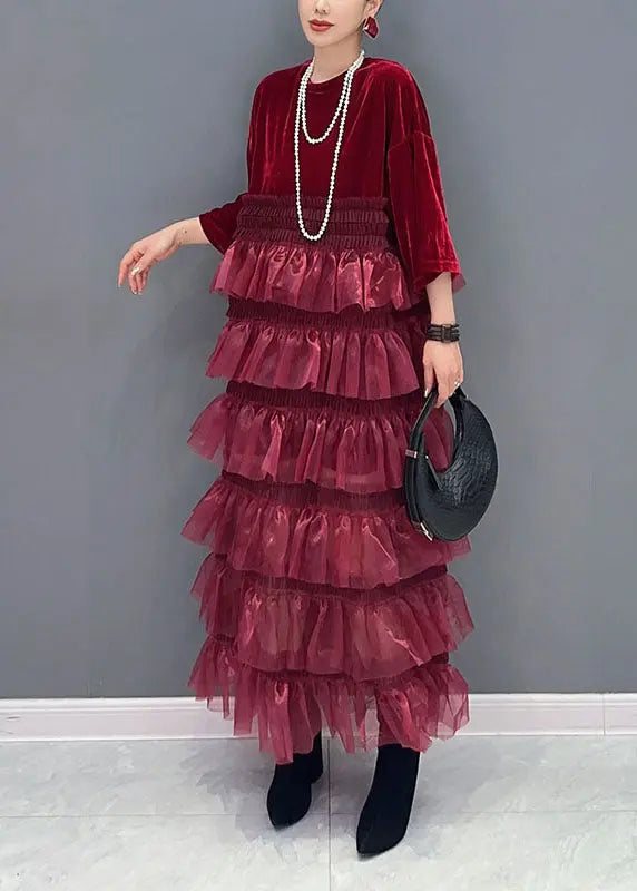 Organic Red O-Neck Tulle Patchwork Silk Velour Maxi Dress Bracelet Sleeve Ada Fashion