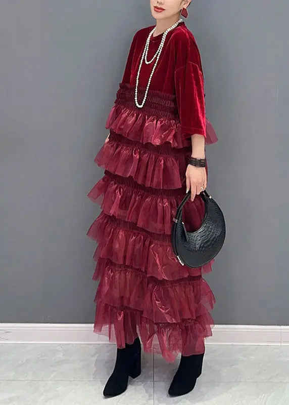 Organic Red O-Neck Tulle Patchwork Silk Velour Maxi Dress Bracelet Sleeve Ada Fashion