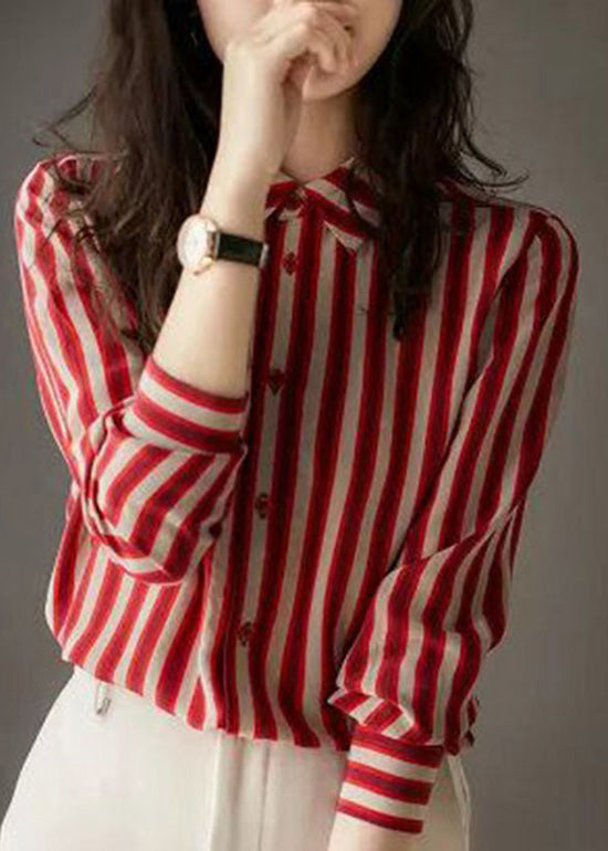 Organic Red Peter Pan Collar Striped Button Low High Design Chiffon Shirts Long Sleeve LY0382 - fabuloryshop