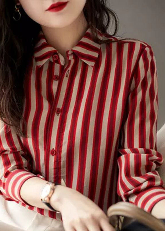 Organic Red Peter Pan Collar Striped Button Low High Design Chiffon Shirts Long Sleeve LY0382 - fabuloryshop