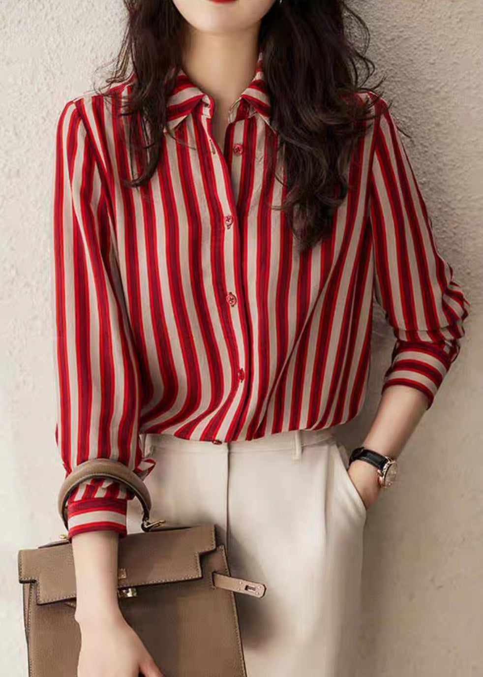 Organic Red Peter Pan Collar Striped Button Low High Design Chiffon Shirts Long Sleeve LY0382 - fabuloryshop