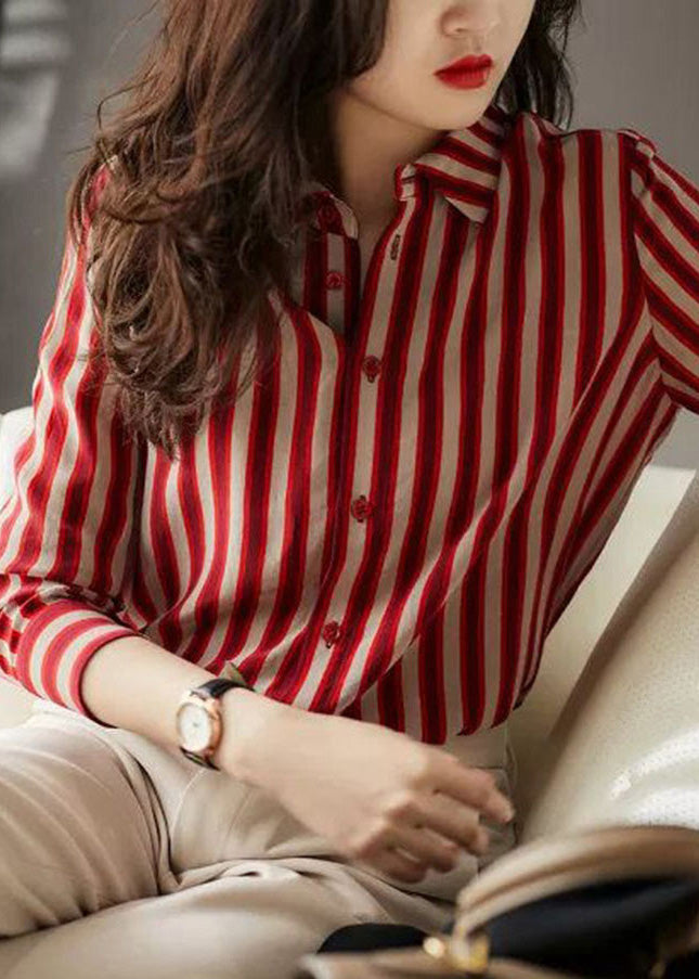 Organic Red Peter Pan Collar Striped Button Low High Design Chiffon Shirts Long Sleeve LY0382 - fabuloryshop