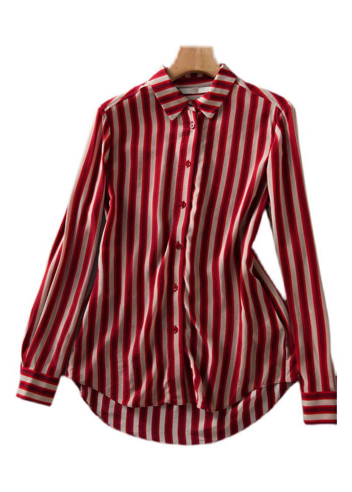 Organic Red Peter Pan Collar Striped Button Low High Design Chiffon Shirts Long Sleeve LY0382 - fabuloryshop