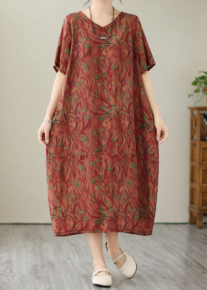 Organic Red V Neck Print Patchwork Cotton Long Dresses Summer LY3930 - fabuloryshop